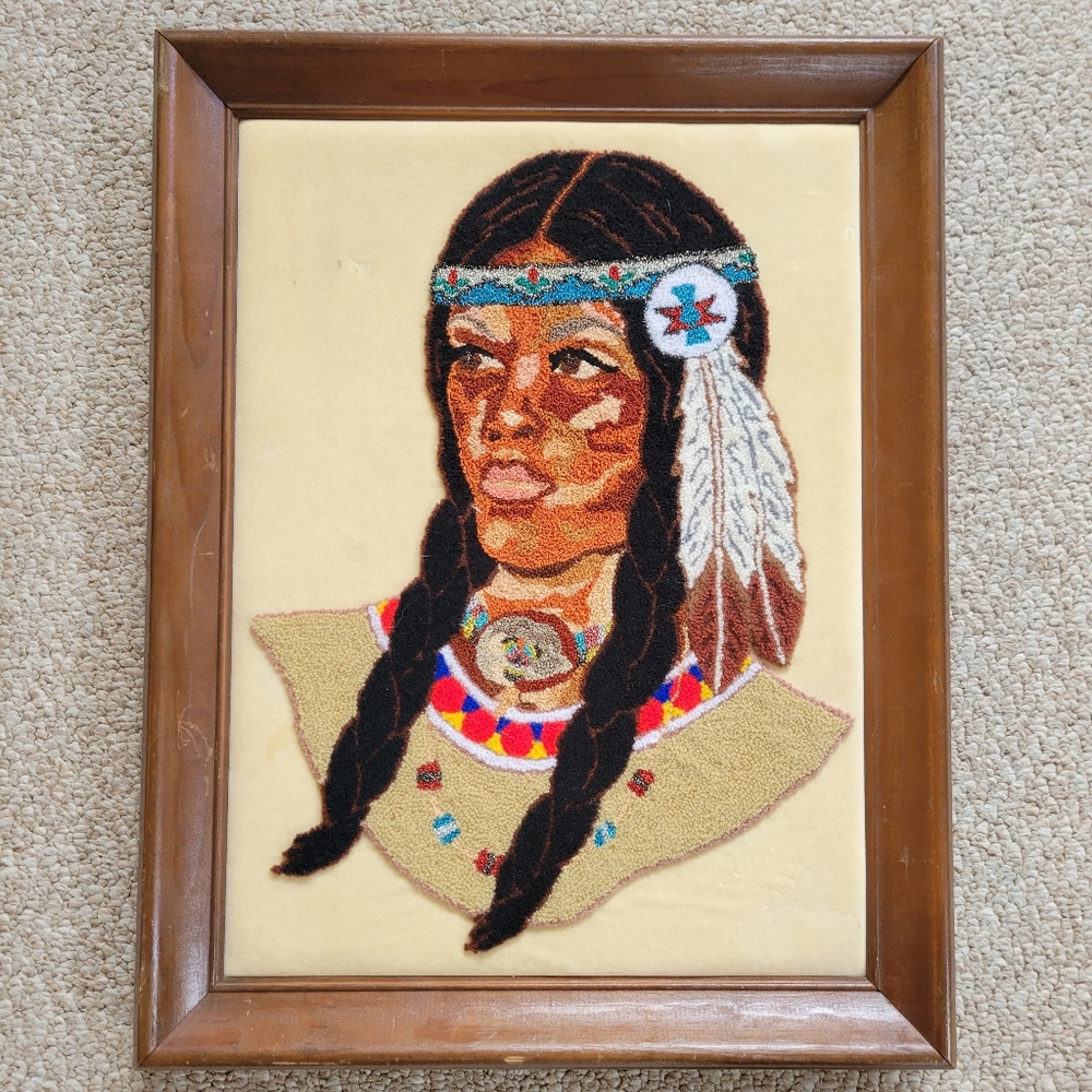 Vintage Framed Native American Woman Image Fiber Art Crewel Needlework